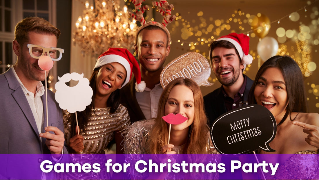 Group of friends playing games for christmas party
