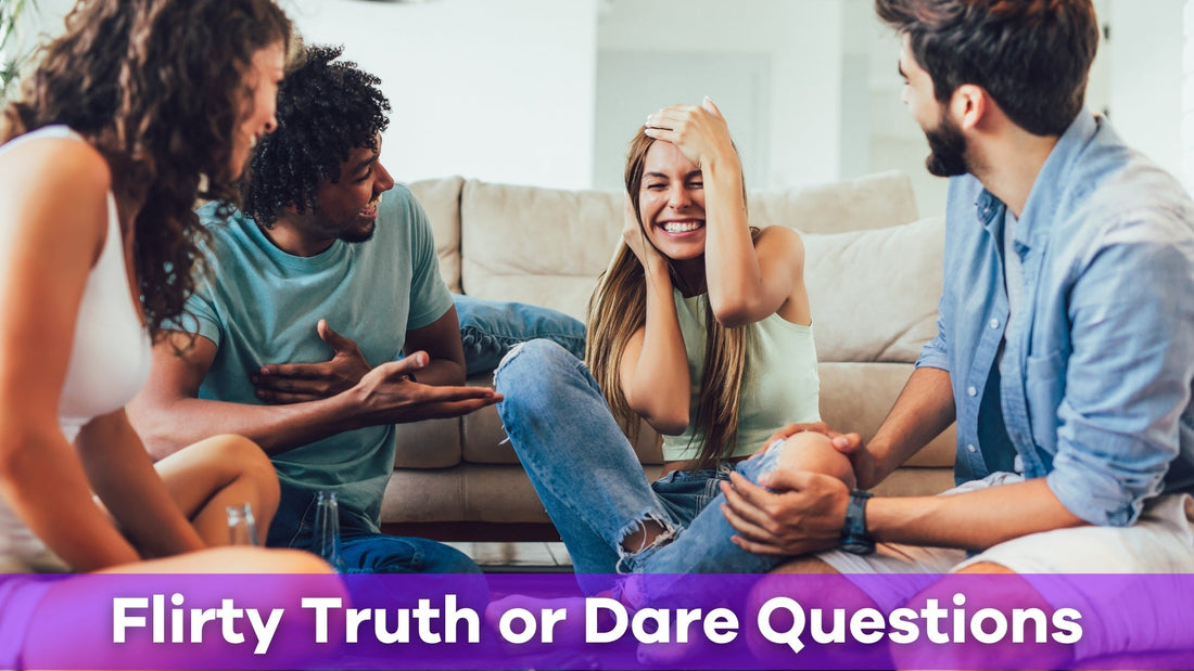 Couple playing flirty truth or dare card prompts — party game night