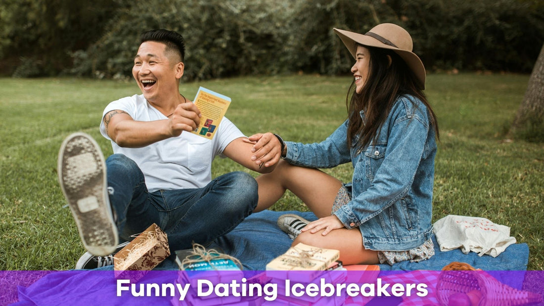 a man and a woman laughing at funny dating icebreakers