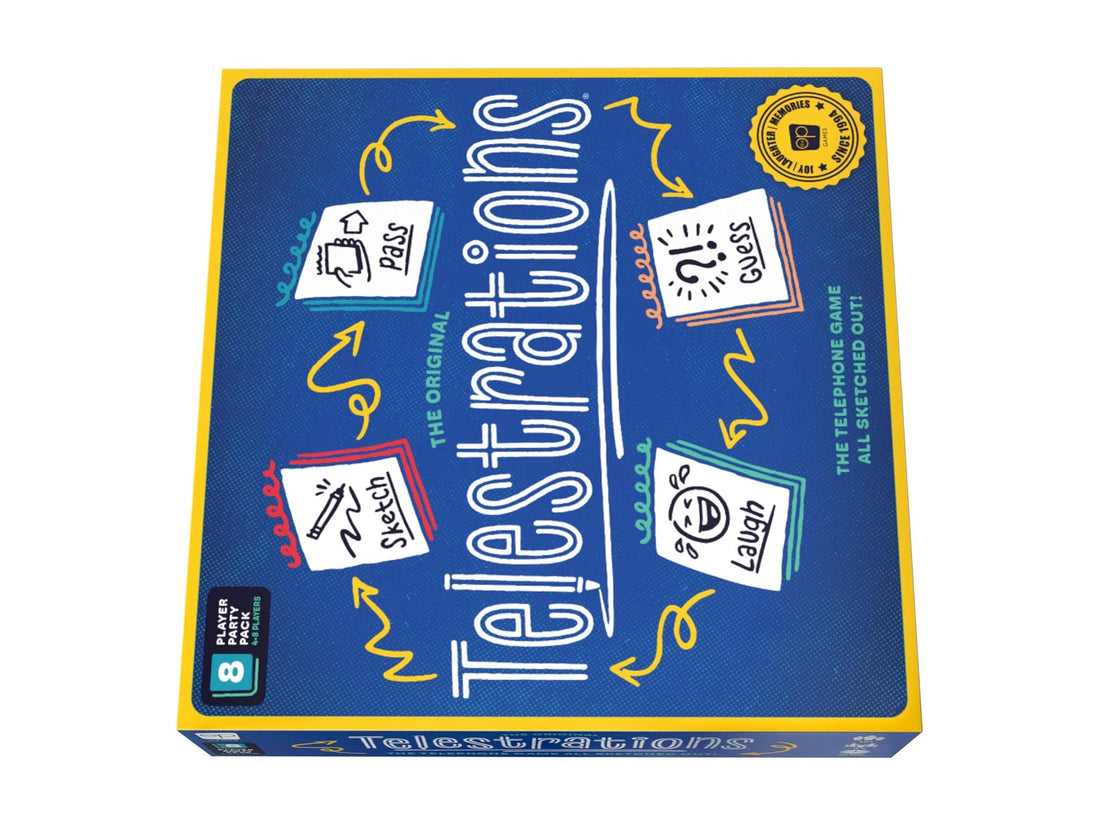 Telestrations 8-Player party game box, full product shown top-down on white — best going-away party games to gift 2026