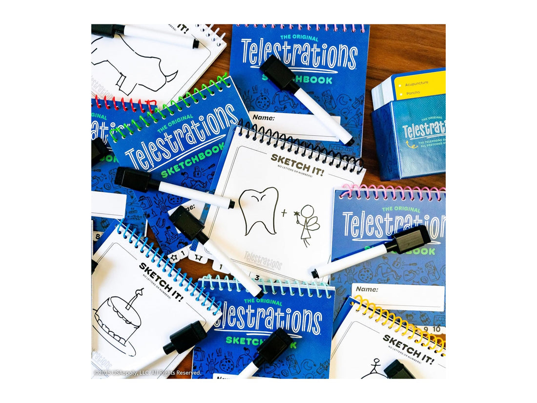 Telestrations 8-player party pack sketchbooks and markers — large-group party games hero