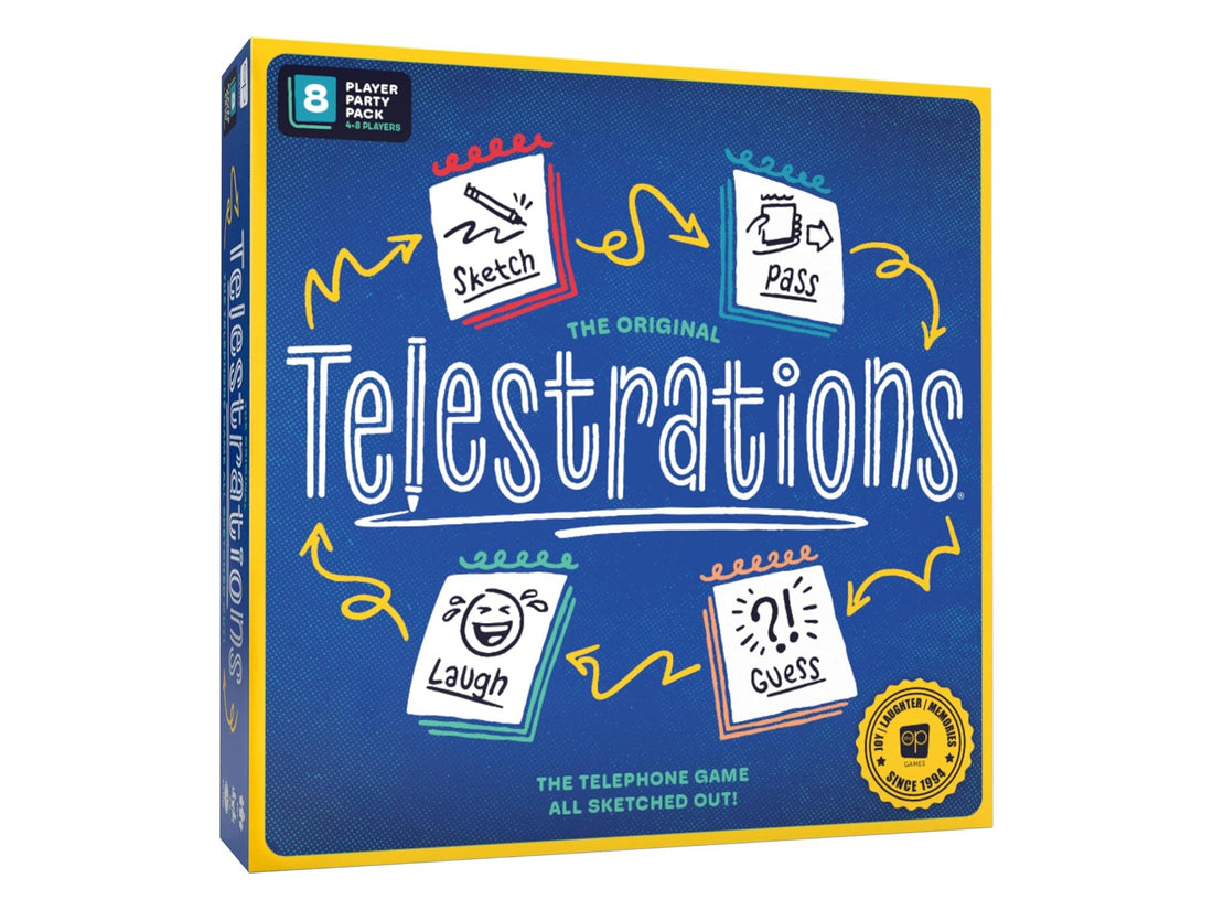 Telestrations 8-Player party game box shown at a three-quarter angle on white, full product visible — best New Year's Eve party games to gift 2026