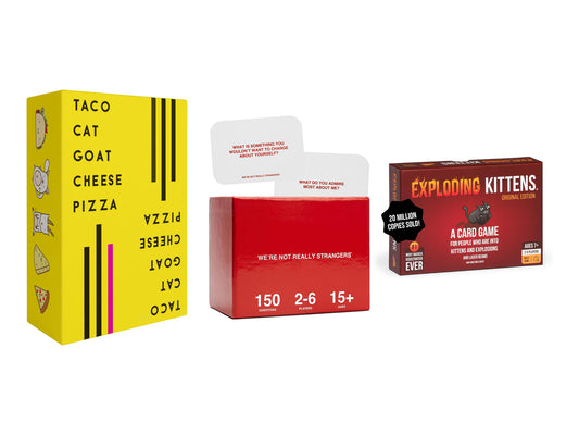 Taco Cat Goat Cheese Pizza, We're Not Really Strangers, and Exploding Kittens Original box packshots side-by-side