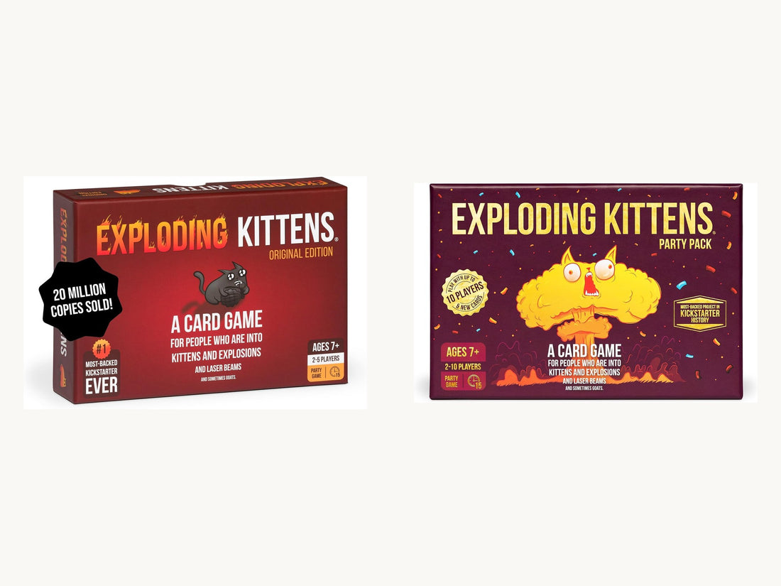 Exploding Kittens Original and Party Pack boxes side by side — Exploding Kittens vs Party Pack 2026