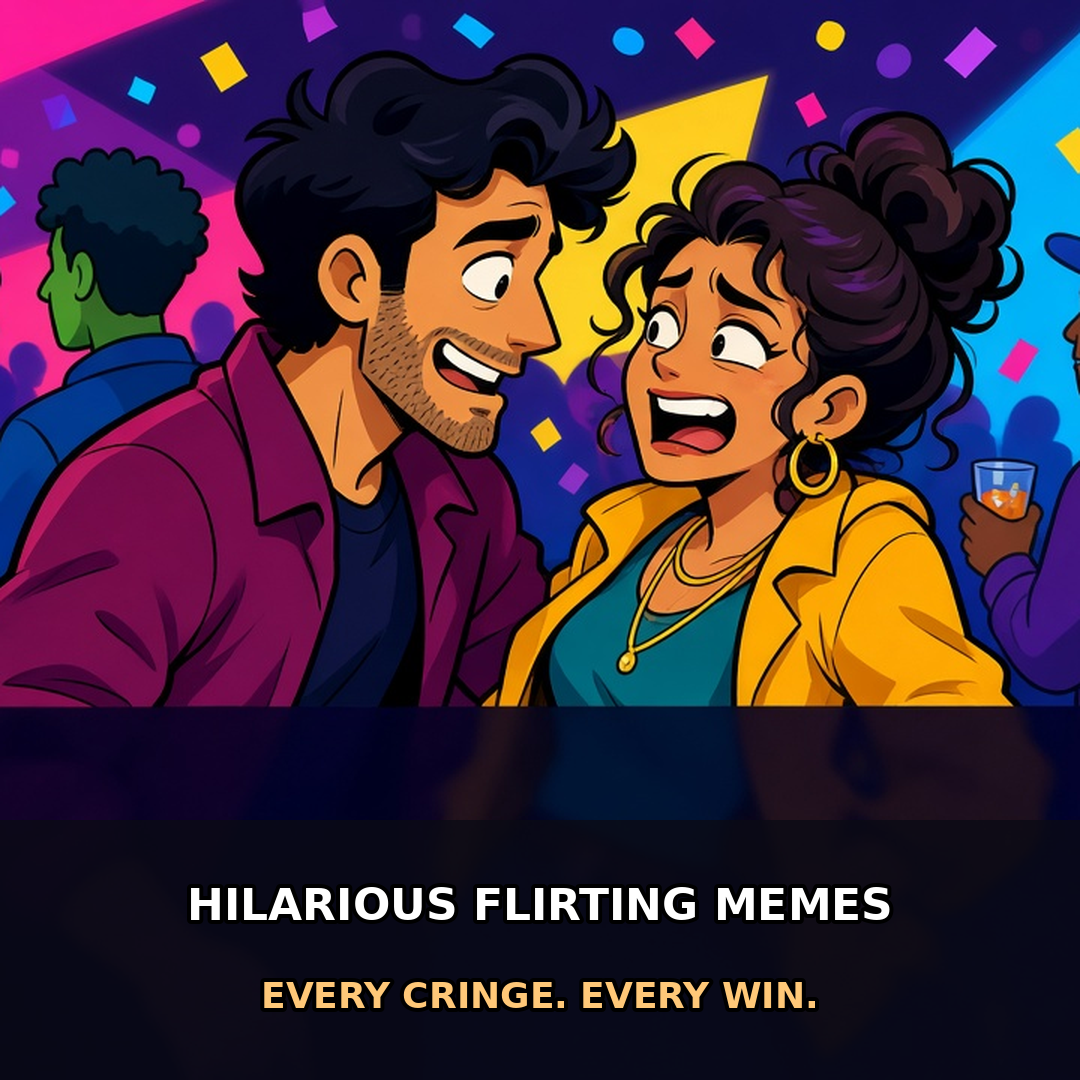 Original flirty meme hero — party cringe wink energy with bold readable joke text