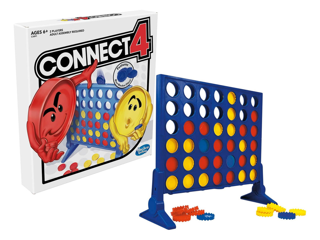 Connect 4 board game box and assembled grid packshot by Hasbro Gaming — how to play hero