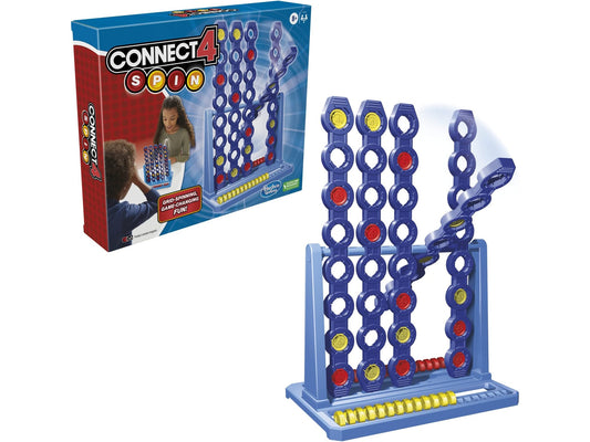 Connect 4 Spin game box and spinning grid packshot — how to play rules 2026