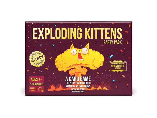 Exploding Kittens Party Pack box packshot — how to play for 2–10 players