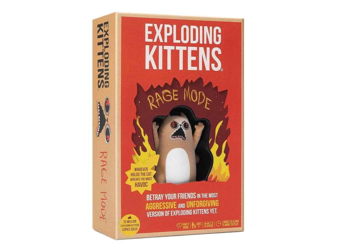 Exploding Kittens Rage Mode game box packshot with Rage Cat figurine — how to play guide 2026
