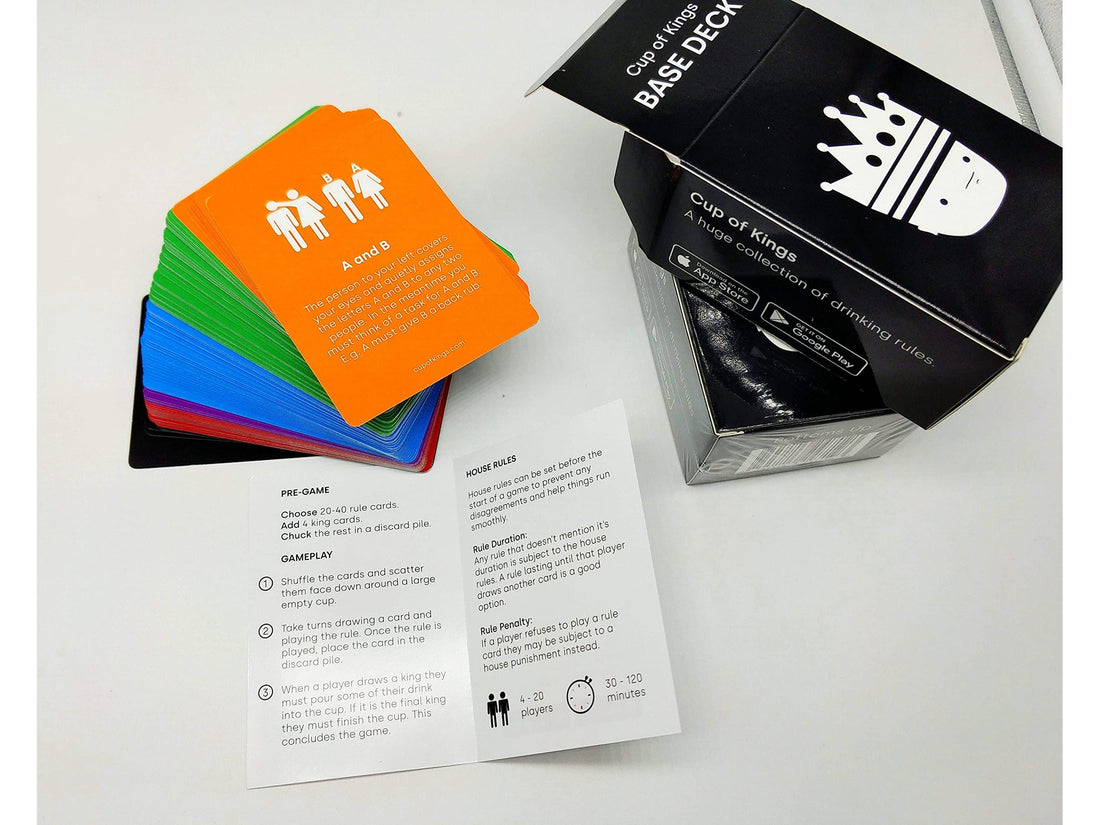 Cup of Kings Base Deck drinking game box packshot — how to play Kings Cup Base Deck 2026