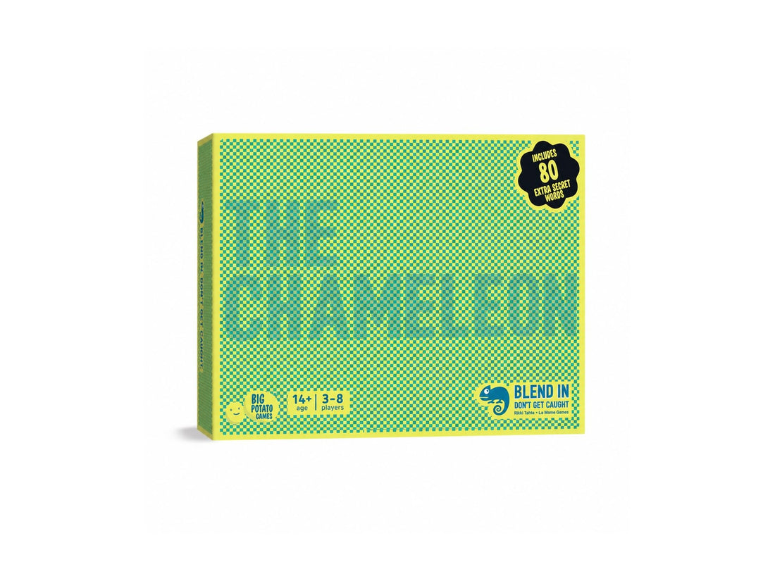 The Chameleon board game box by Big Potato Games — green camouflage packshot, how to play hero