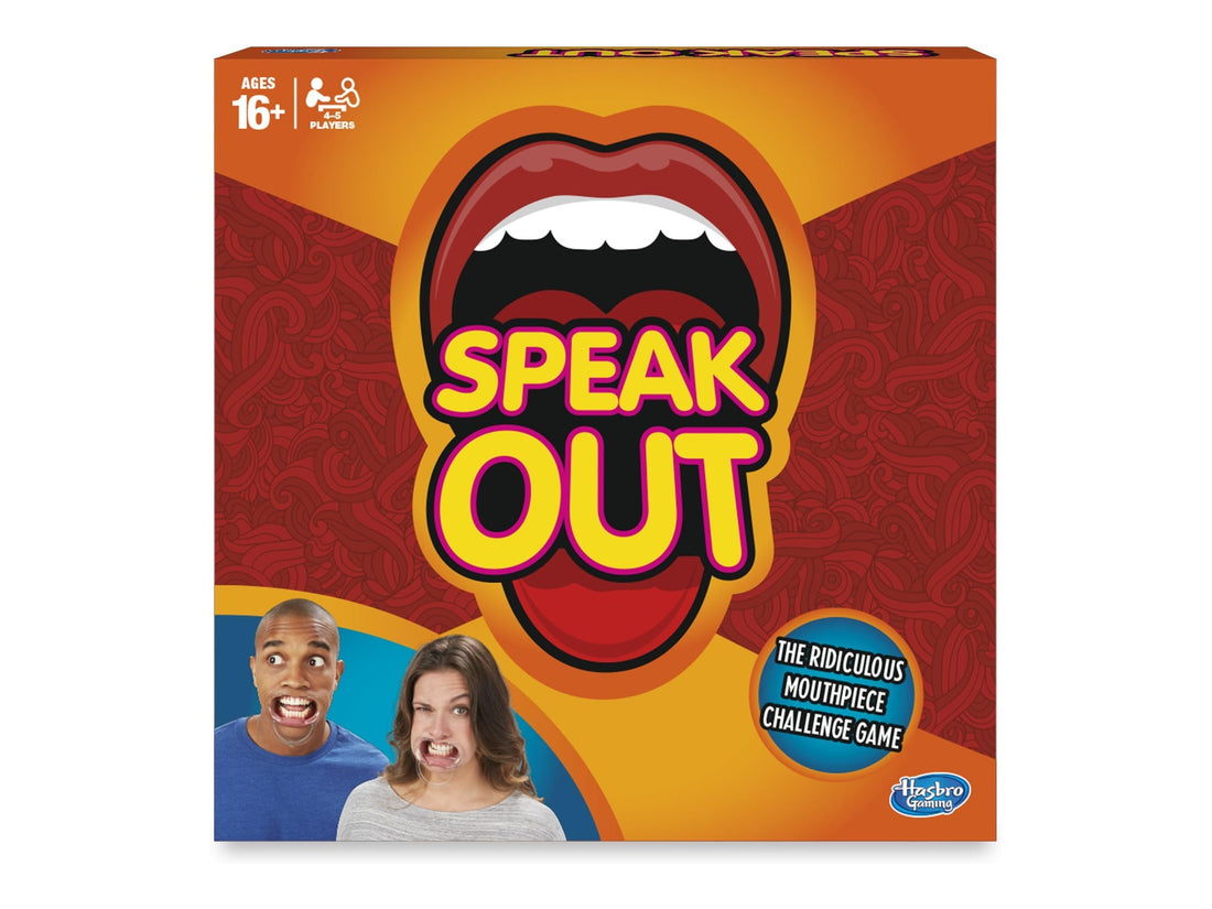 Speak Out mouthpiece challenge game box by Hasbro — full packshot